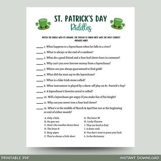 St Patrick's Day Riddles Game Printable, St Pattys Riddle Me This Trivia Activity, Classroom Game, Fun St Paddys Party Game, Kids and Adults