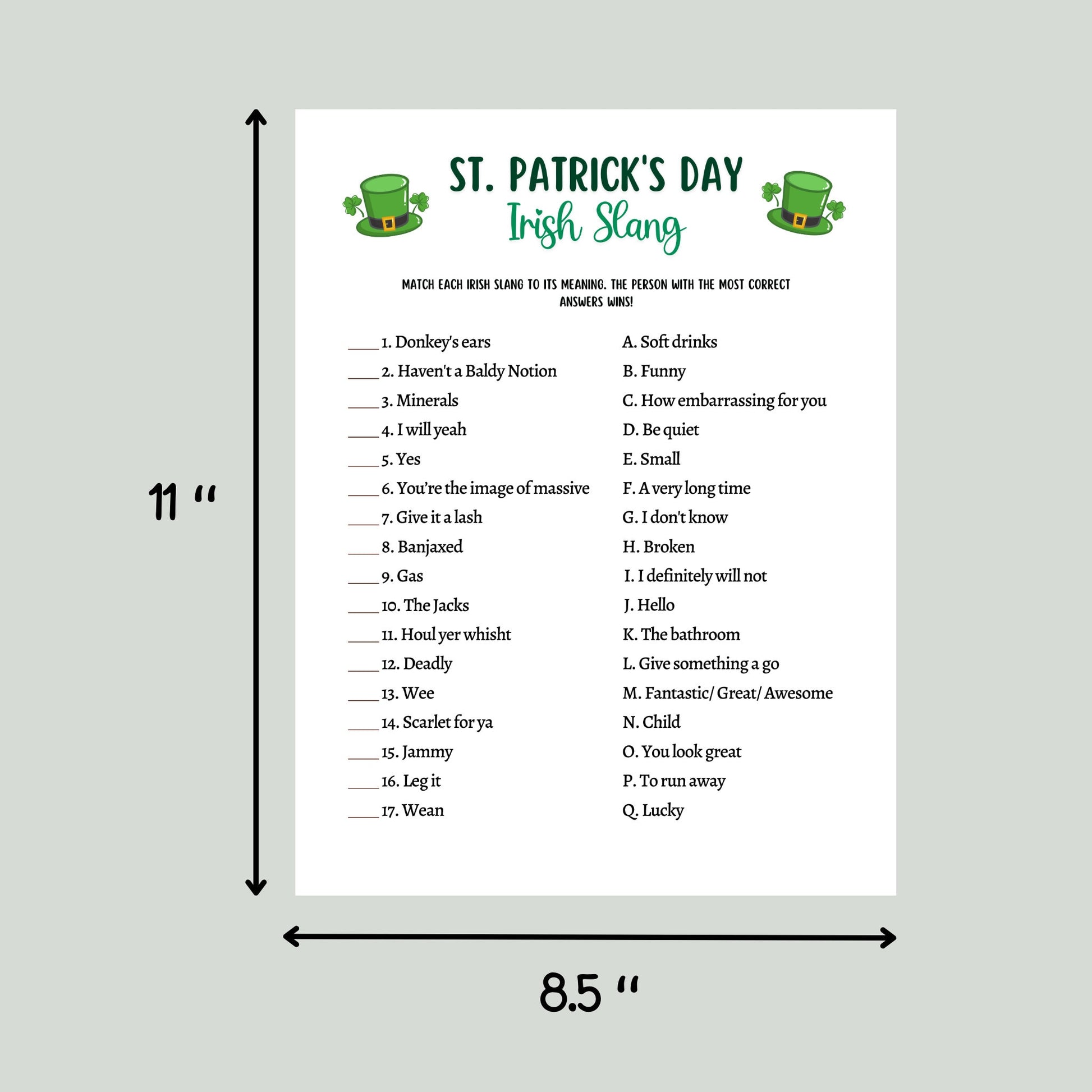 St Patrick's Day Irish Slang Game Printable, St Paddy's Party Games, St. Pattys Activity For Kids and Adults, Fun St Pats Day Classroom Game