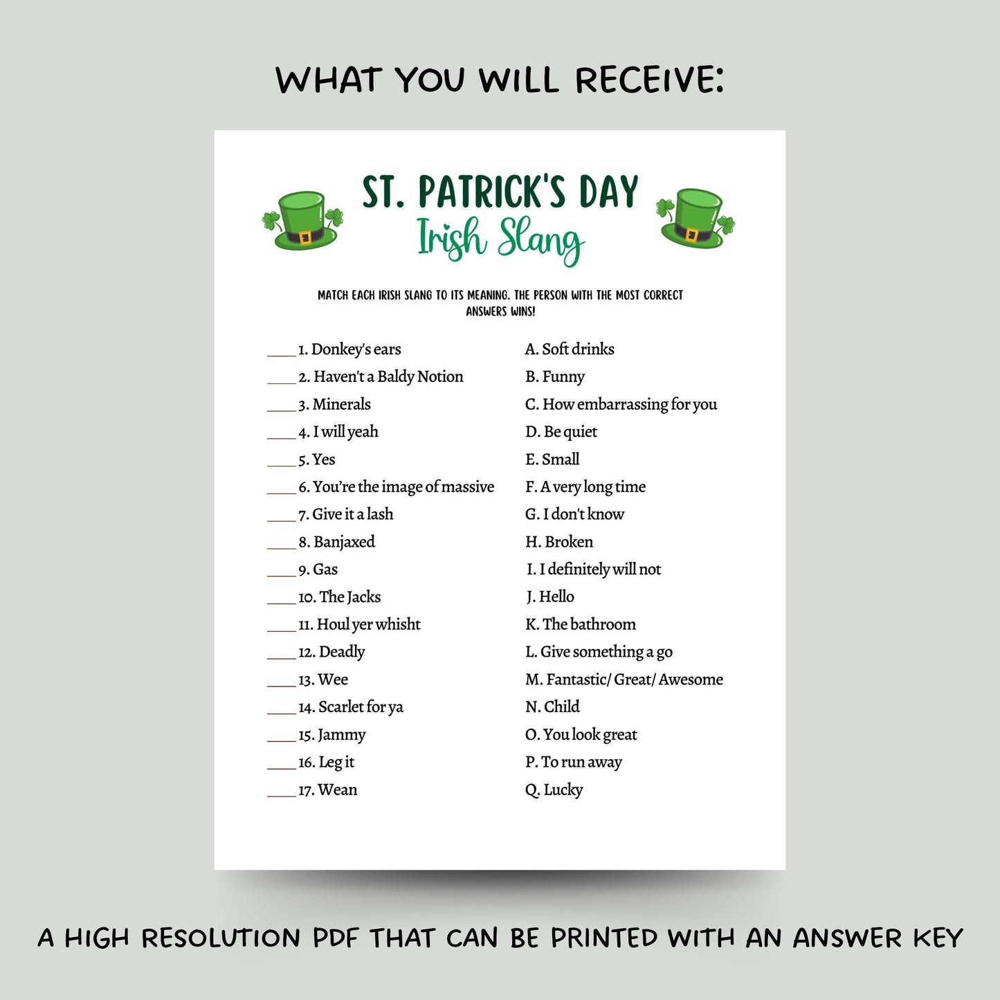St Patrick's Day Irish Slang Game Printable, St Paddy's Party Games, St. Pattys Activity For Kids and Adults, Fun St Pats Day Classroom Game