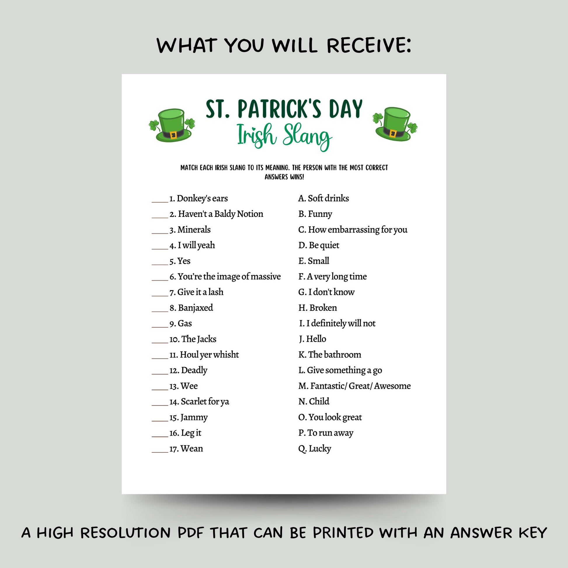 St Patrick's Day Irish Slang Game Printable, St Paddy's Party Games, St. Pattys Activity For Kids and Adults, Fun St Pats Day Classroom Game