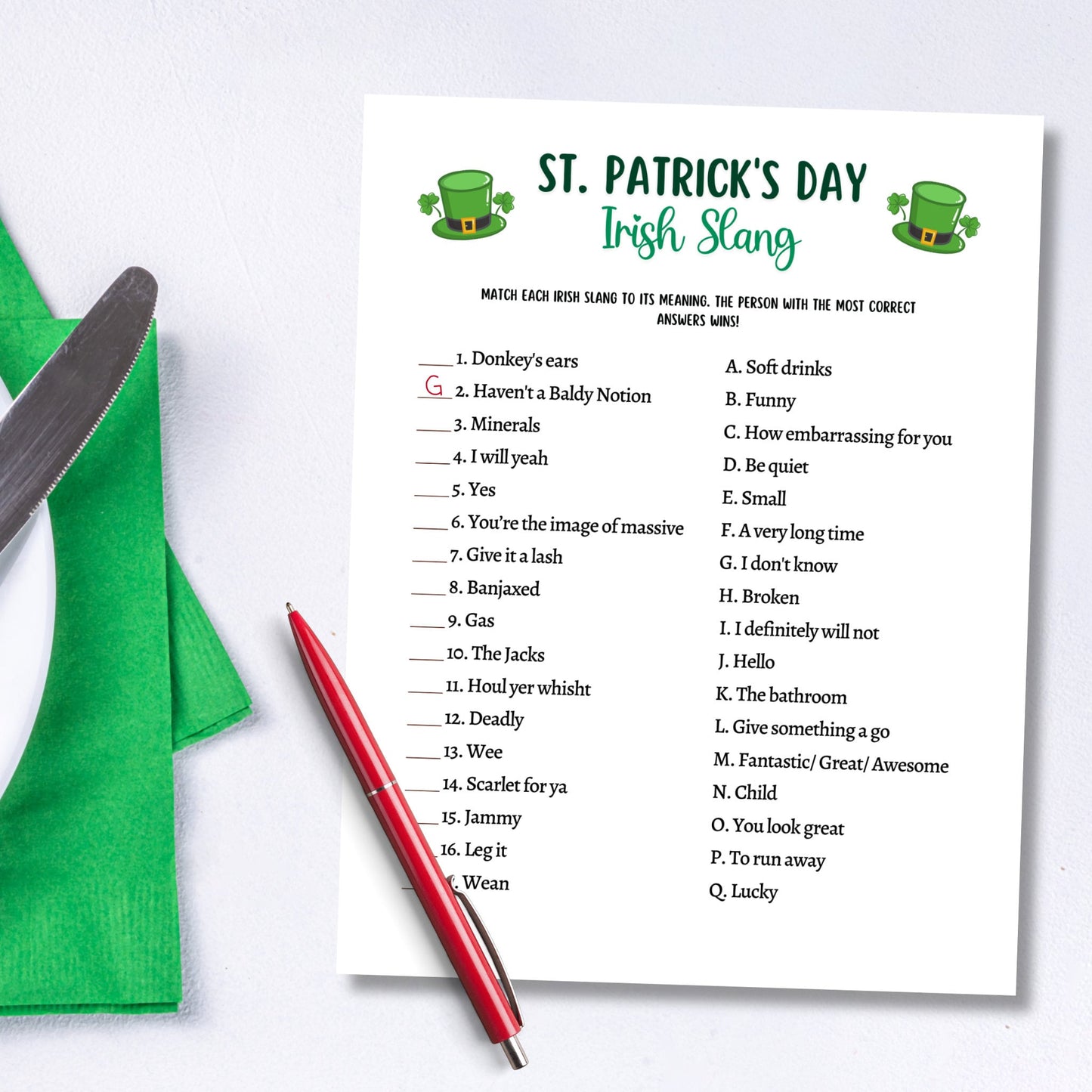 St Patrick's Day Irish Slang Game Printable, St Paddy's Party Games, St. Pattys Activity For Kids and Adults, Fun St Pats Day Classroom Game