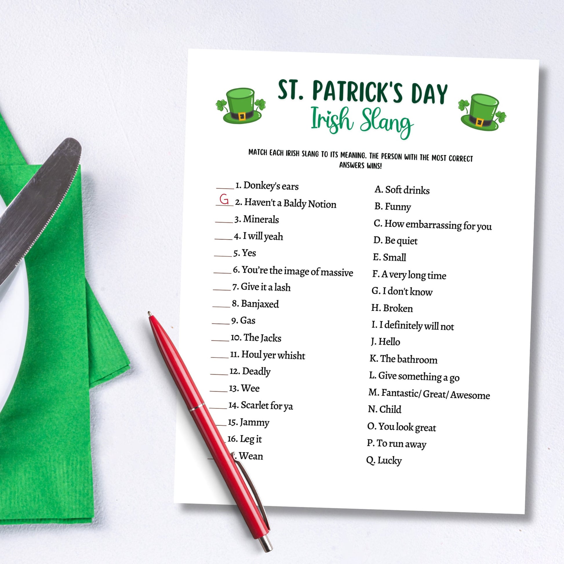 St Patrick's Day Irish Slang Game Printable, St Paddy's Party Games, St. Pattys Activity For Kids and Adults, Fun St Pats Day Classroom Game