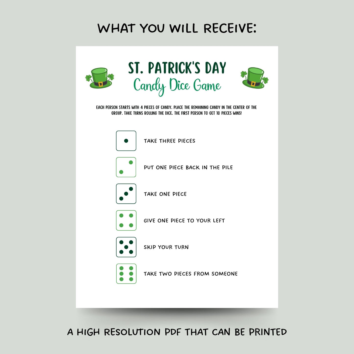 St Patrick's Day Candy Dice Game Printable, St Patty's Day Party Games for Kids, St Paddy's Day Classroom Game, Fun Activity Kids And Adults