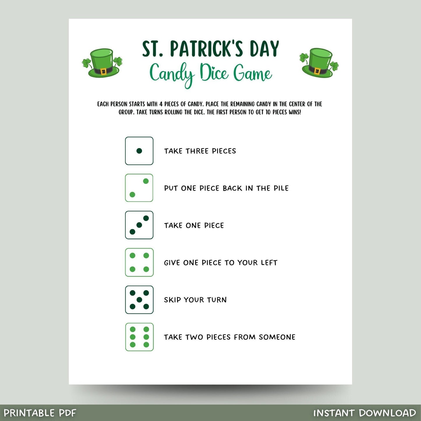 St Patrick's Day Candy Dice Game Printable, St Patty's Day Party Games for Kids, St Paddy's Day Classroom Game, Fun Activity Kids And Adults