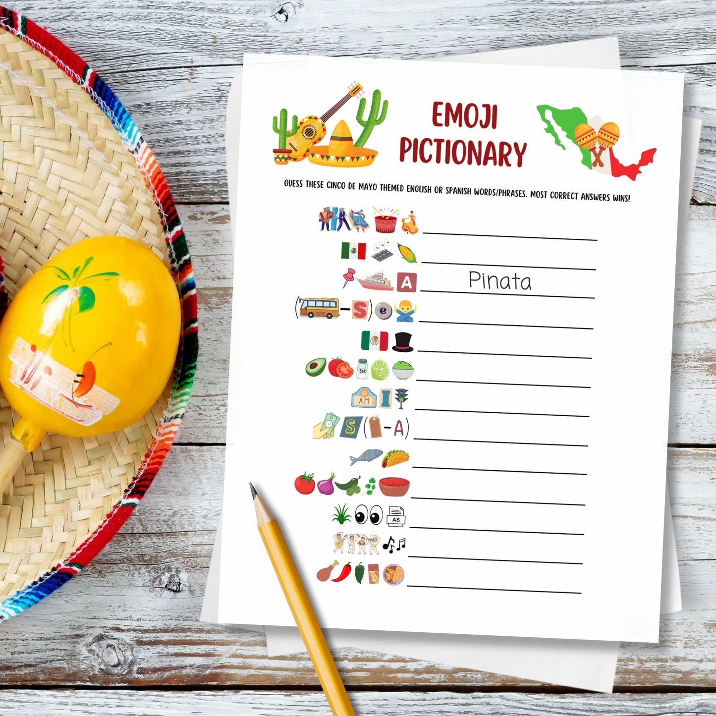 Cinco de Mayo Emoji Pictionary Game Printable, Fun Mexican Party Game Adults & Kids, Work Office Party, Family Fiesta Game, Classroom Game