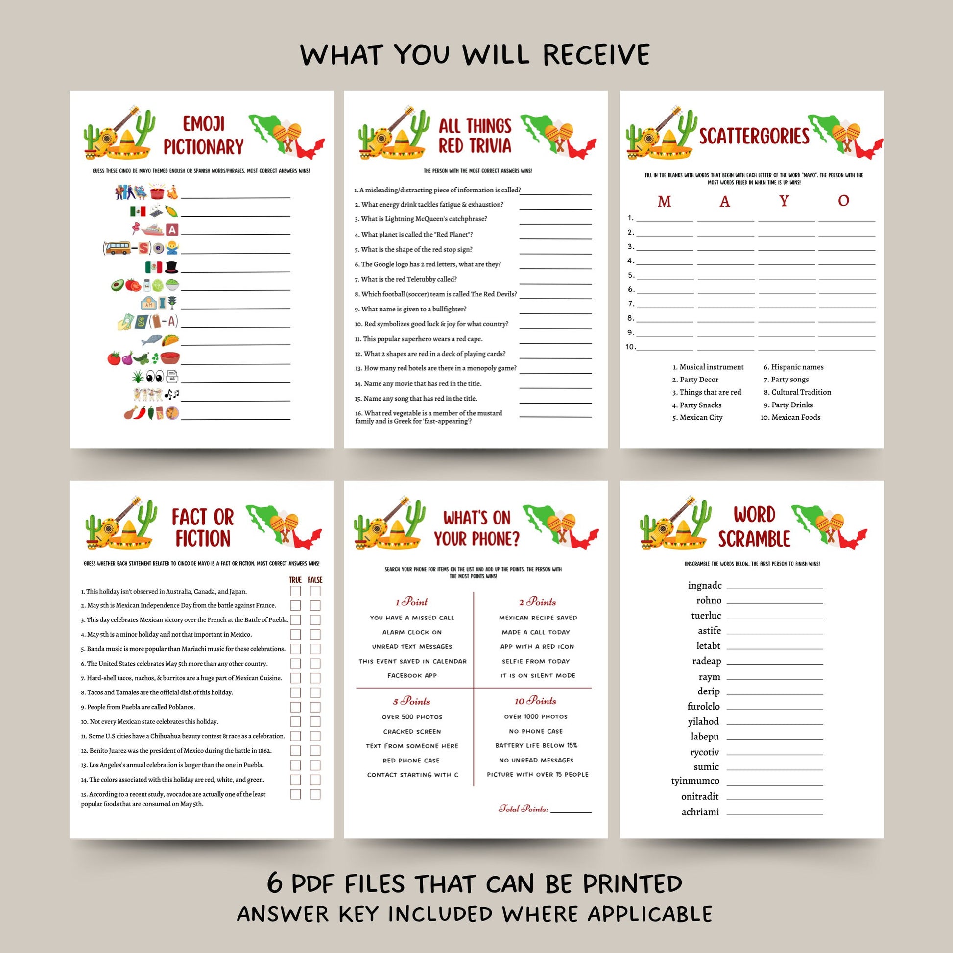 Cinco De Mayo Party Games Printable, Mexican Fiesta Games For Adults And Kids, Fun Family Group Games, Classroom Activity Game, Office Party