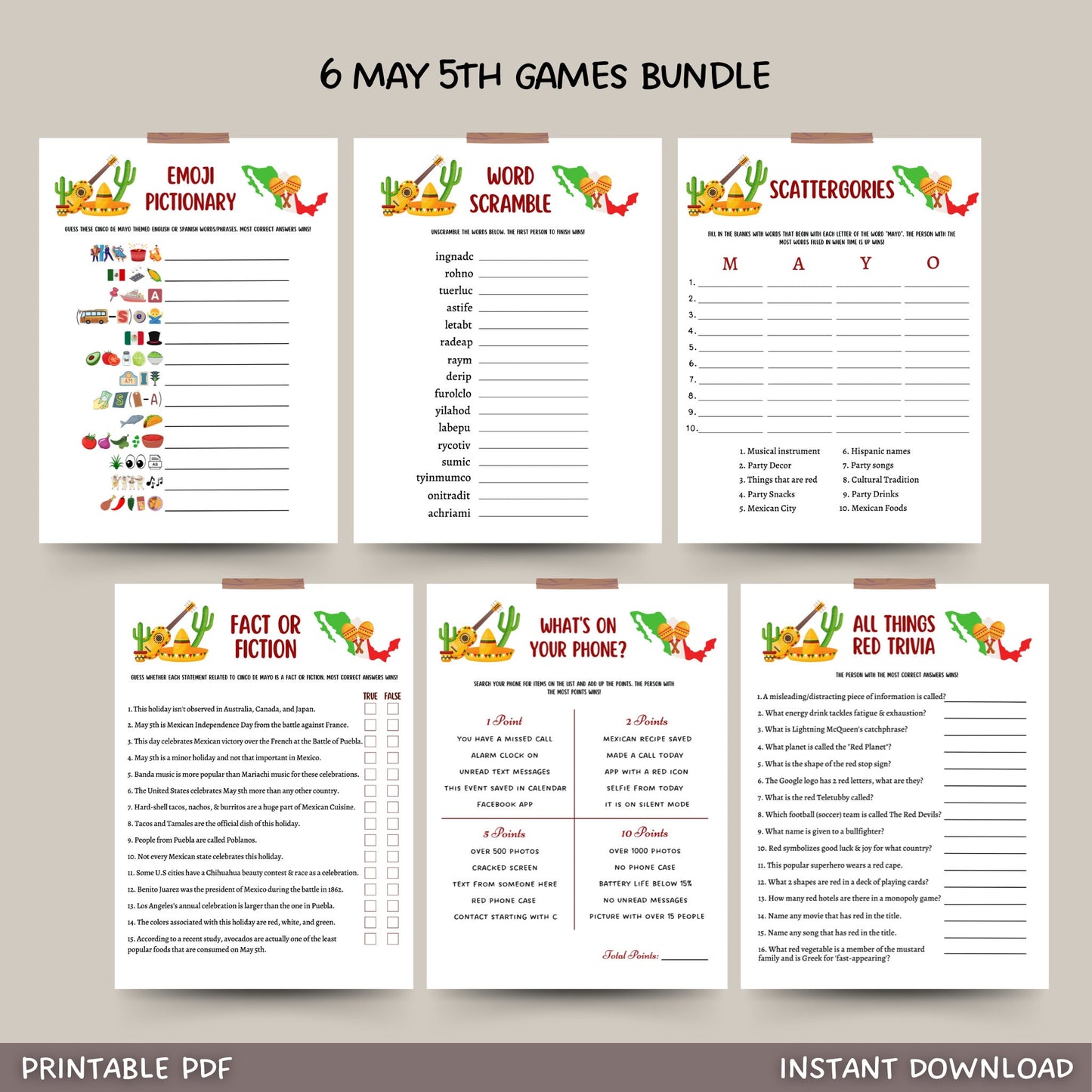 Cinco De Mayo Party Games Printable, Mexican Fiesta Games For Adults And Kids, Fun Family Group Games, Classroom Activity Game, Office Party
