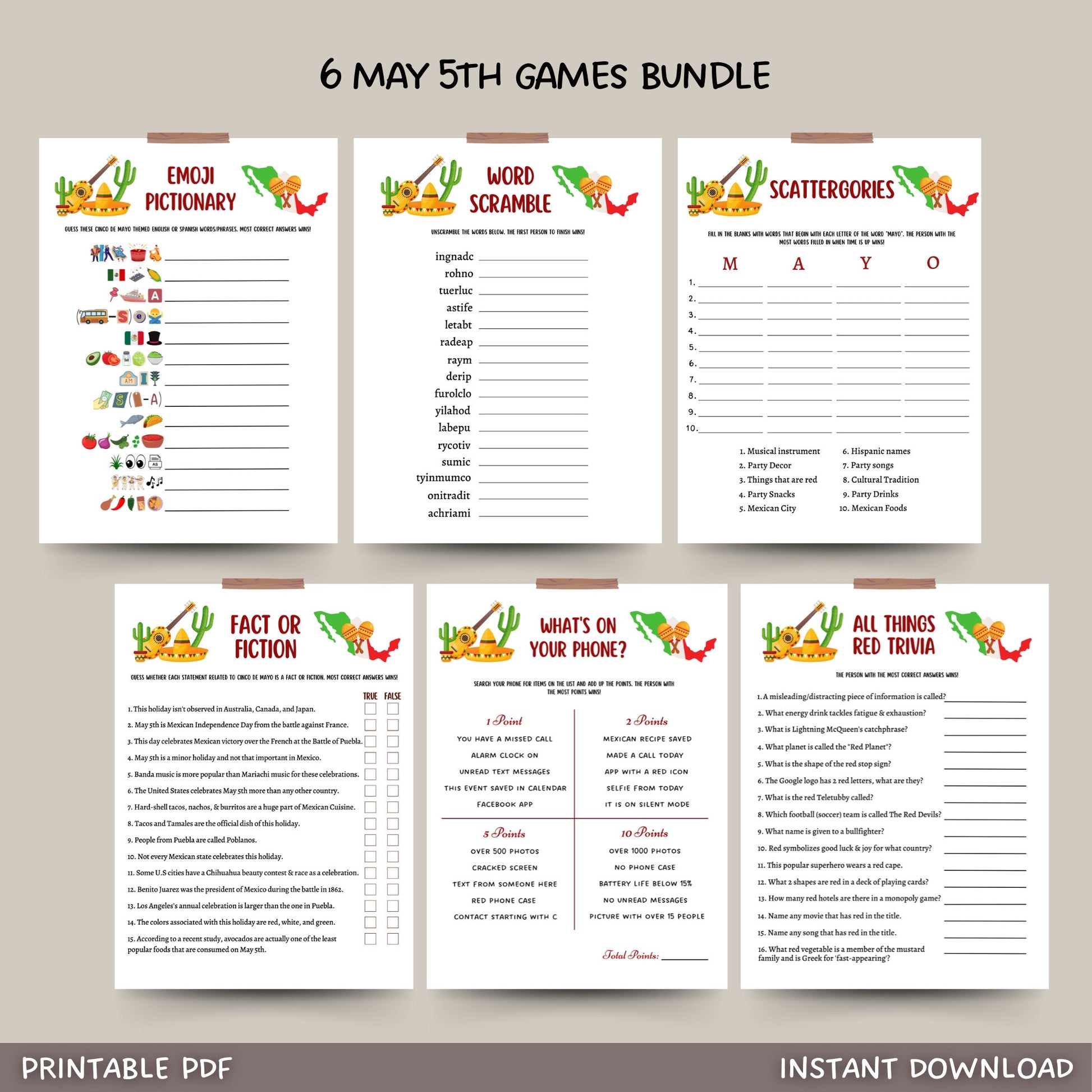 Cinco De Mayo Party Games Printable, Mexican Fiesta Games For Adults And Kids, Fun Family Group Games, Classroom Activity Game, Office Party