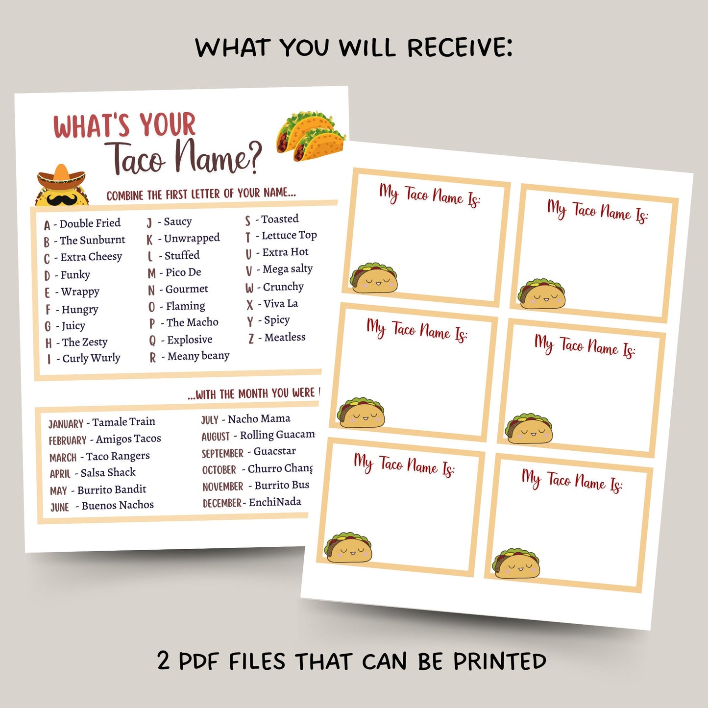 What's Your Taco Name Printable, Cinco De Mayo Party Game, Mexican Fiesta Game Kids And Adults, Fun Classroom Game, Birthday Party Name Game