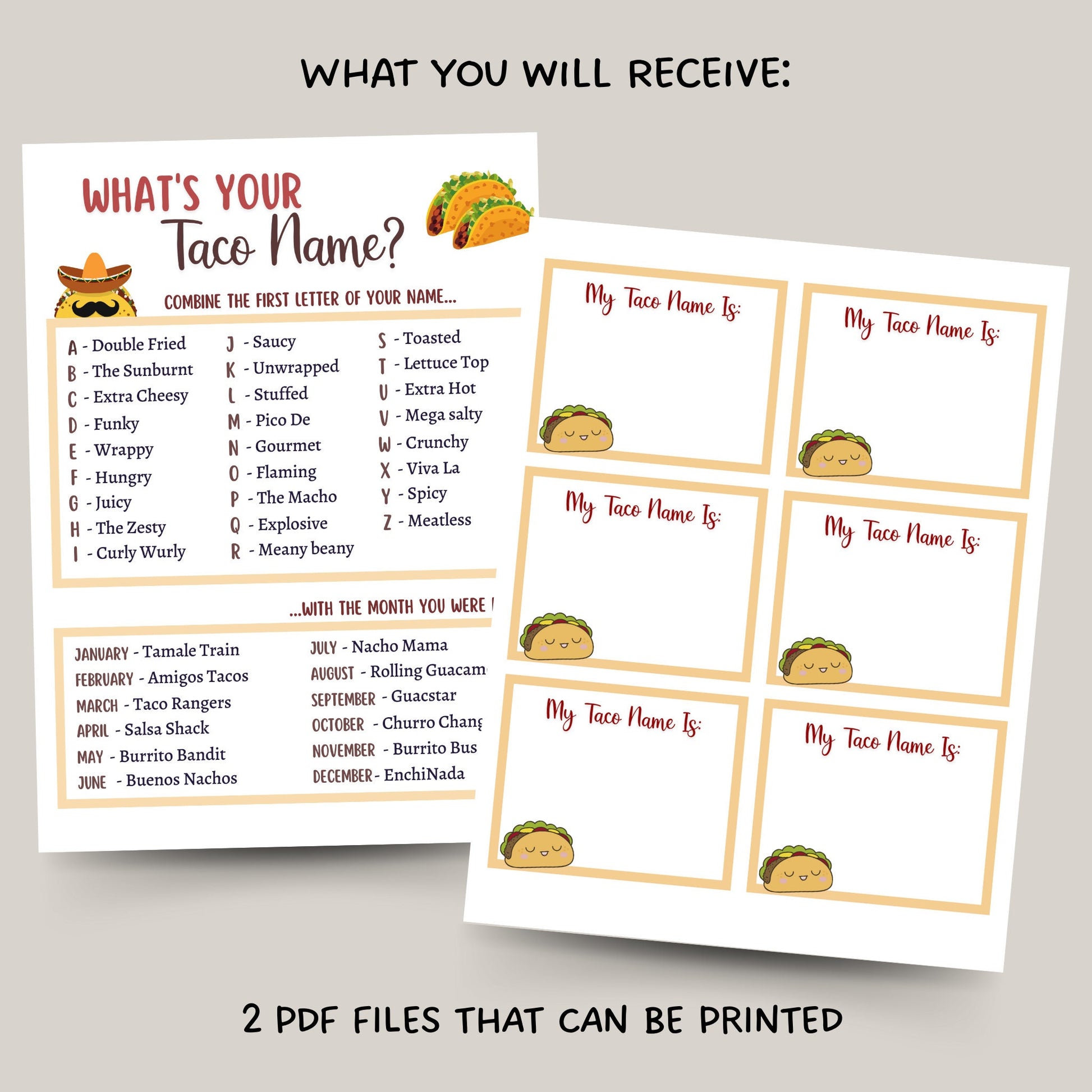 What's Your Taco Name Printable, Cinco De Mayo Party Game, Mexican Fiesta Game Kids And Adults, Fun Classroom Game, Birthday Party Name Game