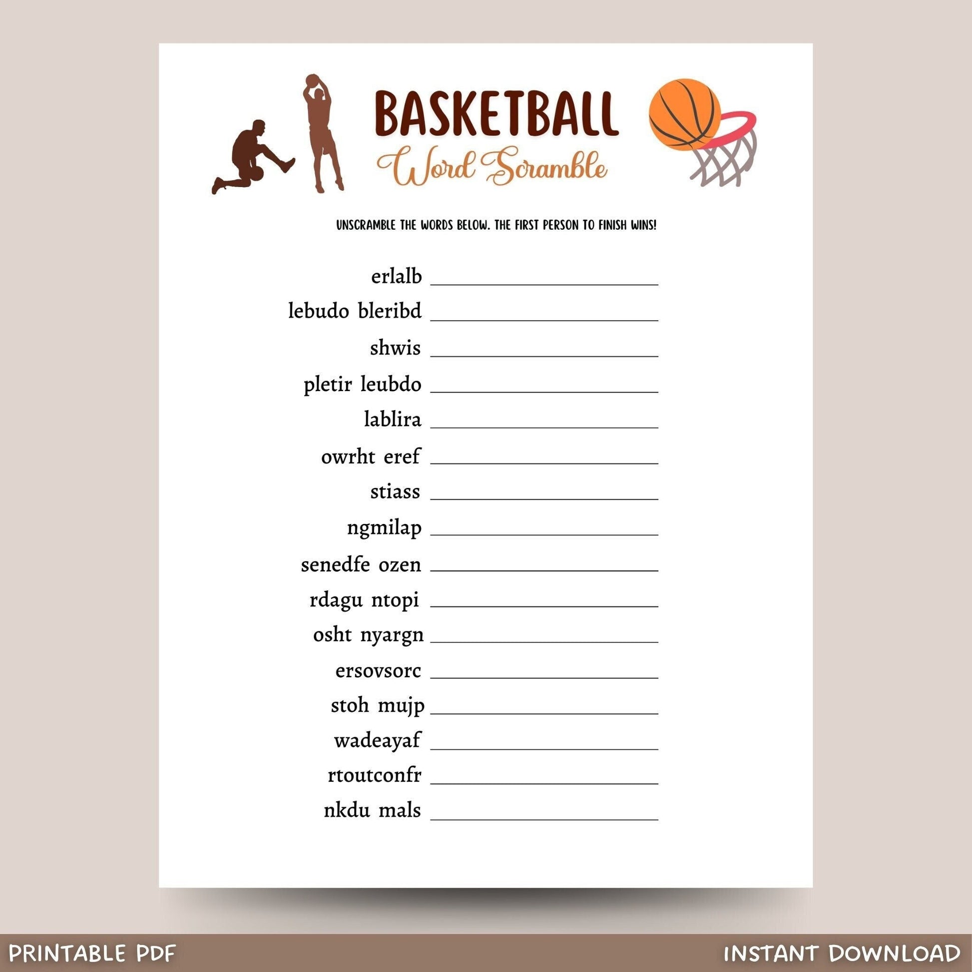 Basketball Word Scramble Game Printable, Basketball Party Game, Mens College Basketball, Classroom Game, Activity for Adults And Kids