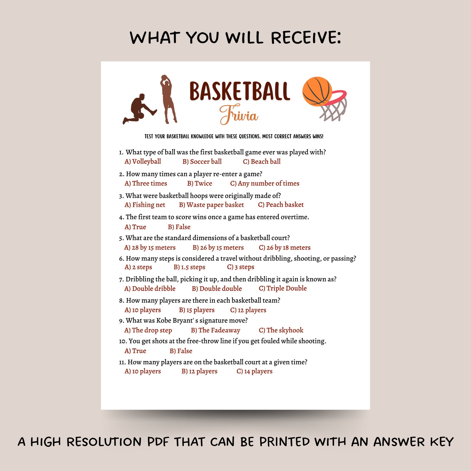 Basketball Trivia Game Printable, Basketball Tailgate Party Game, Activity for Adults And Kids, True or False Game, Classroom Games