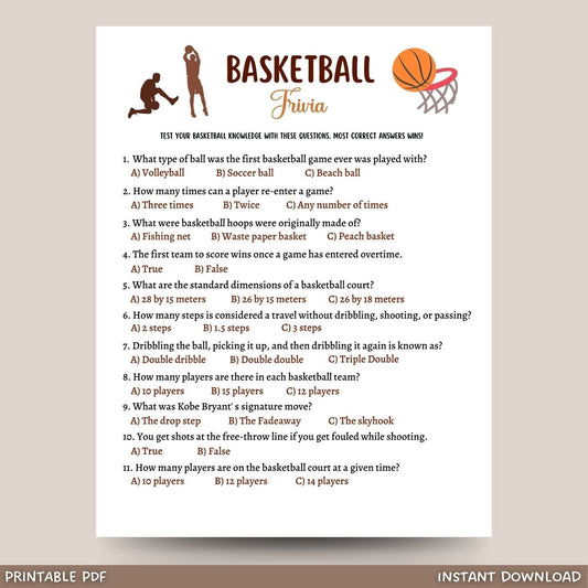 Basketball Trivia Game Printable, Basketball Tailgate Party Game, Activity for Adults And Kids, True or False Game, Classroom Games
