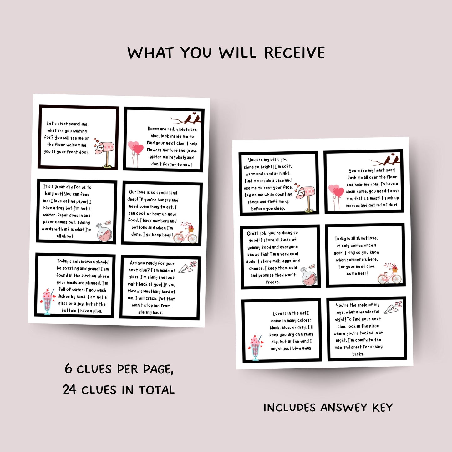Valentine's Day Treasure Hunt For Kids Printable, Valentines Day Scavenger Hunt Clues, Party Games, Printable Games Activity For Kids