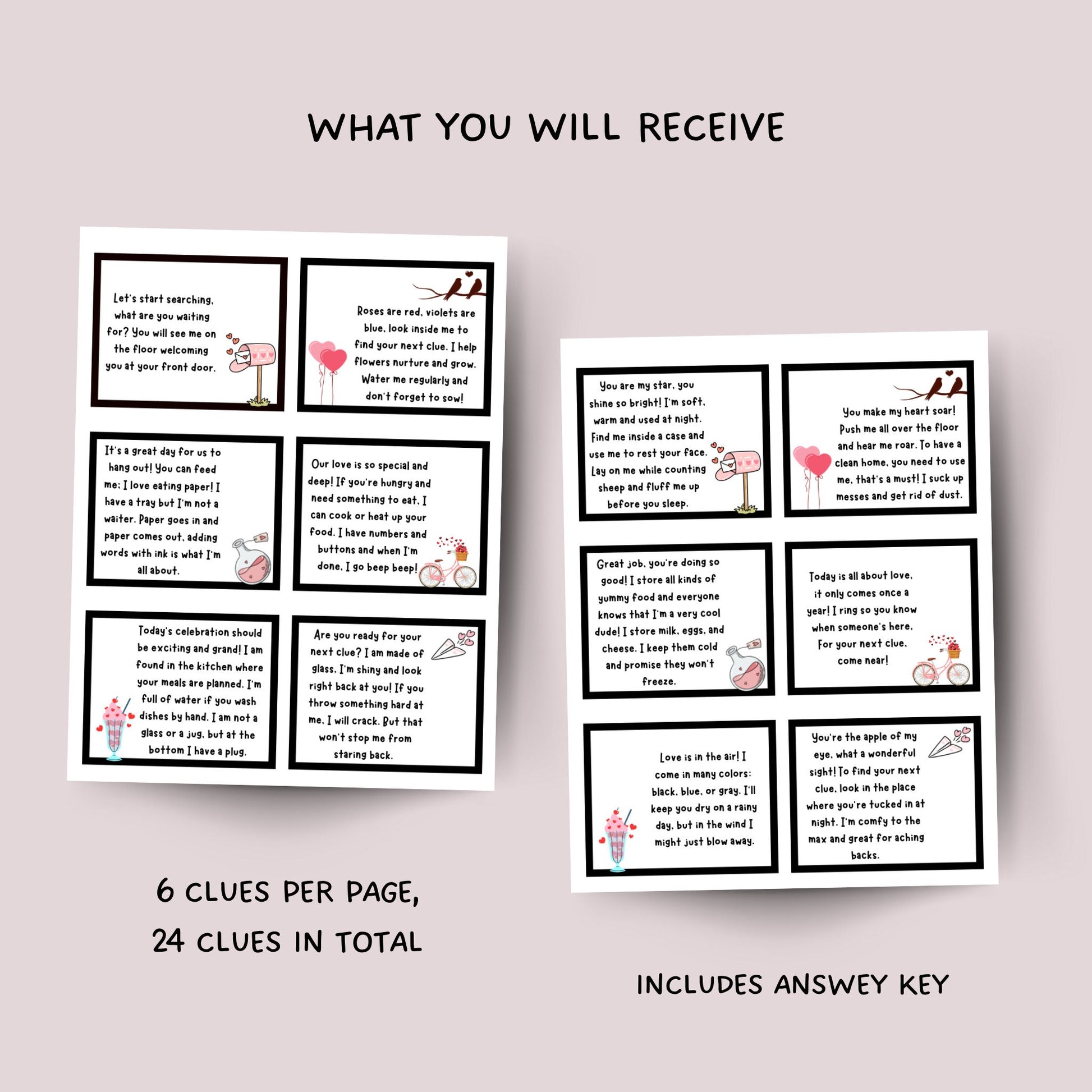 Valentine's Day Treasure Hunt For Kids Printable, Valentines Day Scavenger Hunt Clues, Party Games, Printable Games Activity For Kids