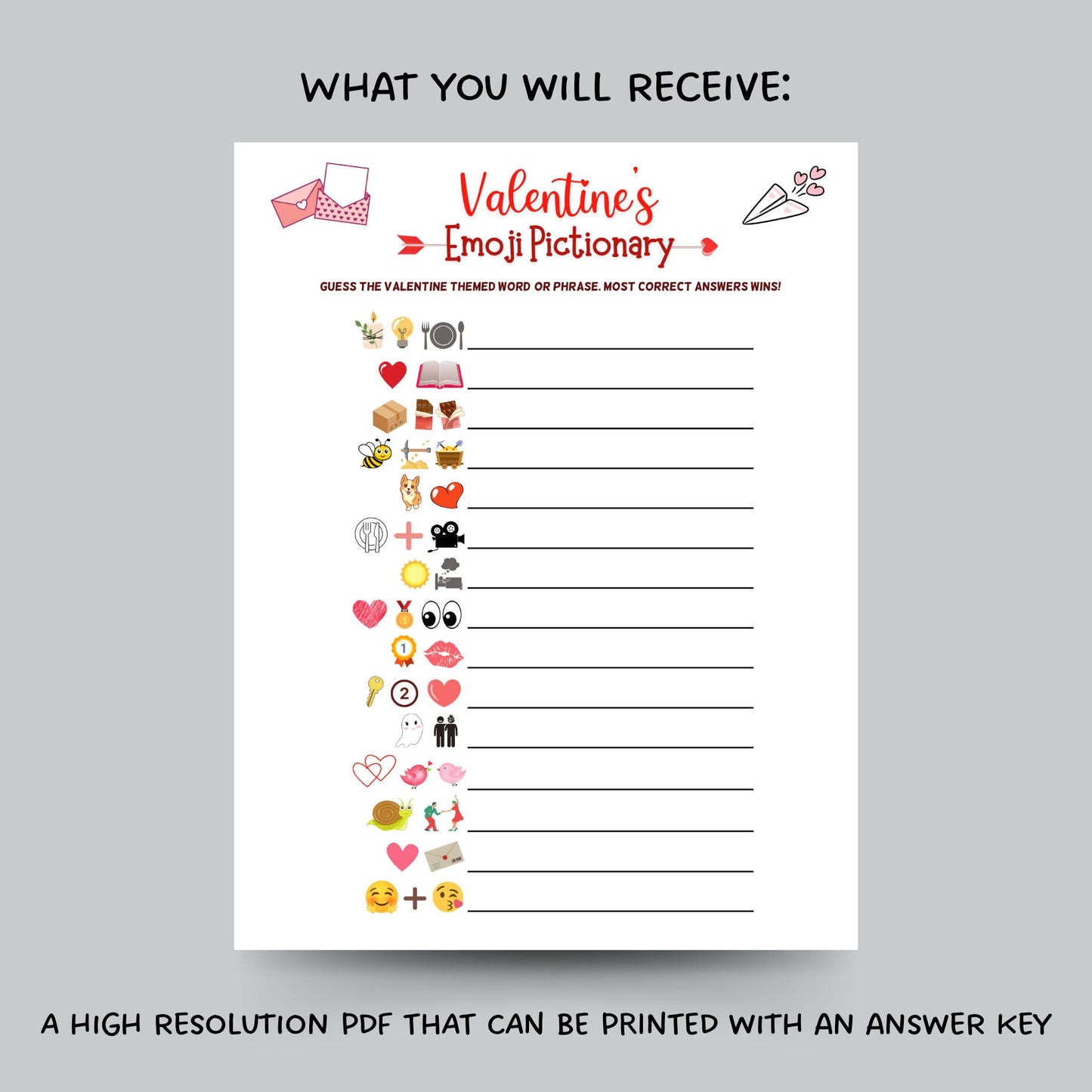 Valentine's Day Emoji Pictionary Game Printable, Fun Emoji Game for Adults & Kids, Party Game, Galentines Day Game, Valentines Day Activity