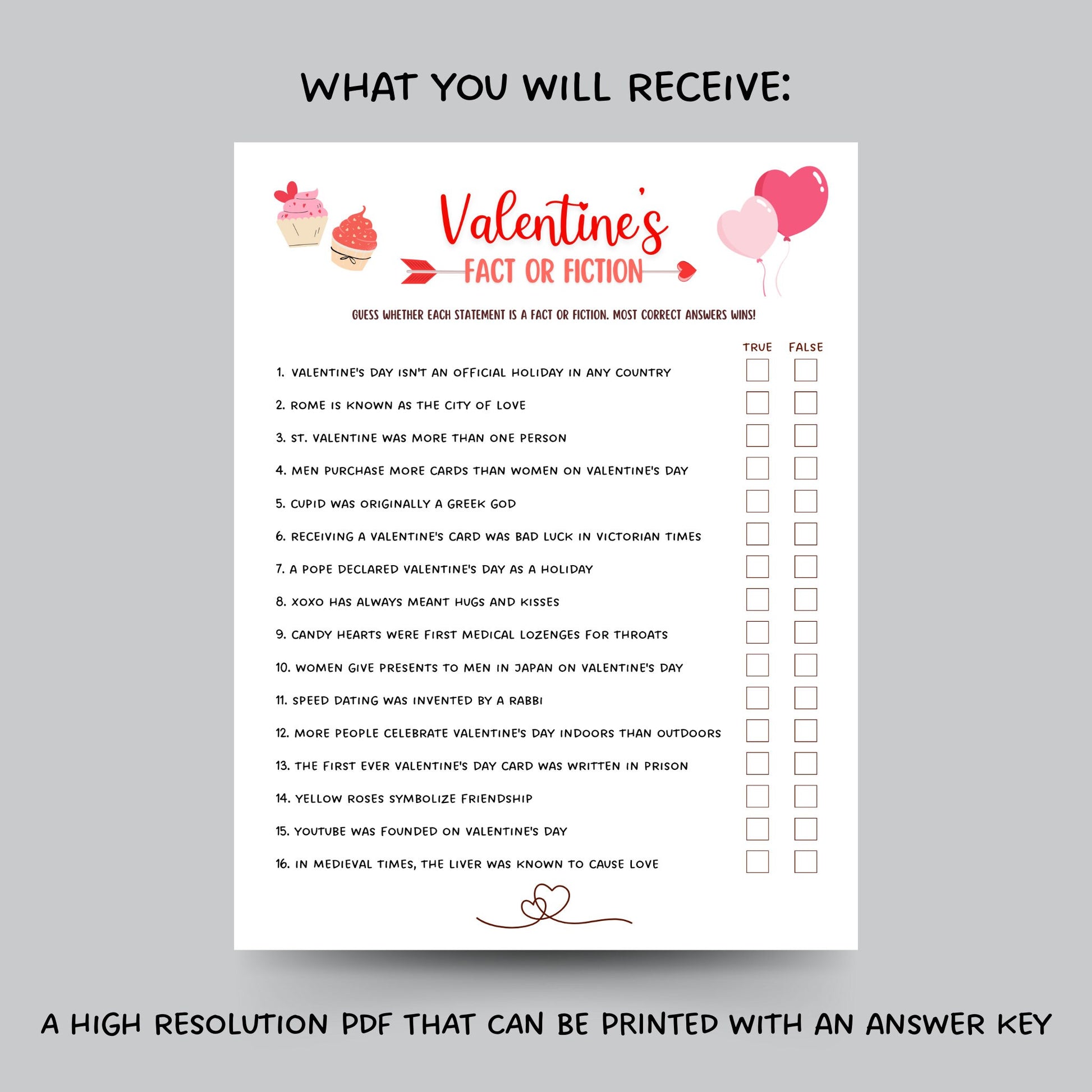 Valentine's Day Fact or Fiction Game Printable, Valentines Game True or False Trivia, Galentines Day Game, Party Game Activity, Adults/Kids