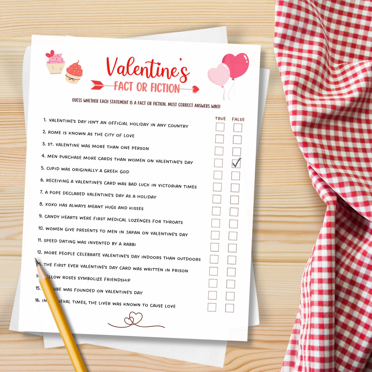 Valentine's Day Fact or Fiction Game Printable, Valentines Game True or False Trivia, Galentines Day Game, Party Game Activity, Adults/Kids