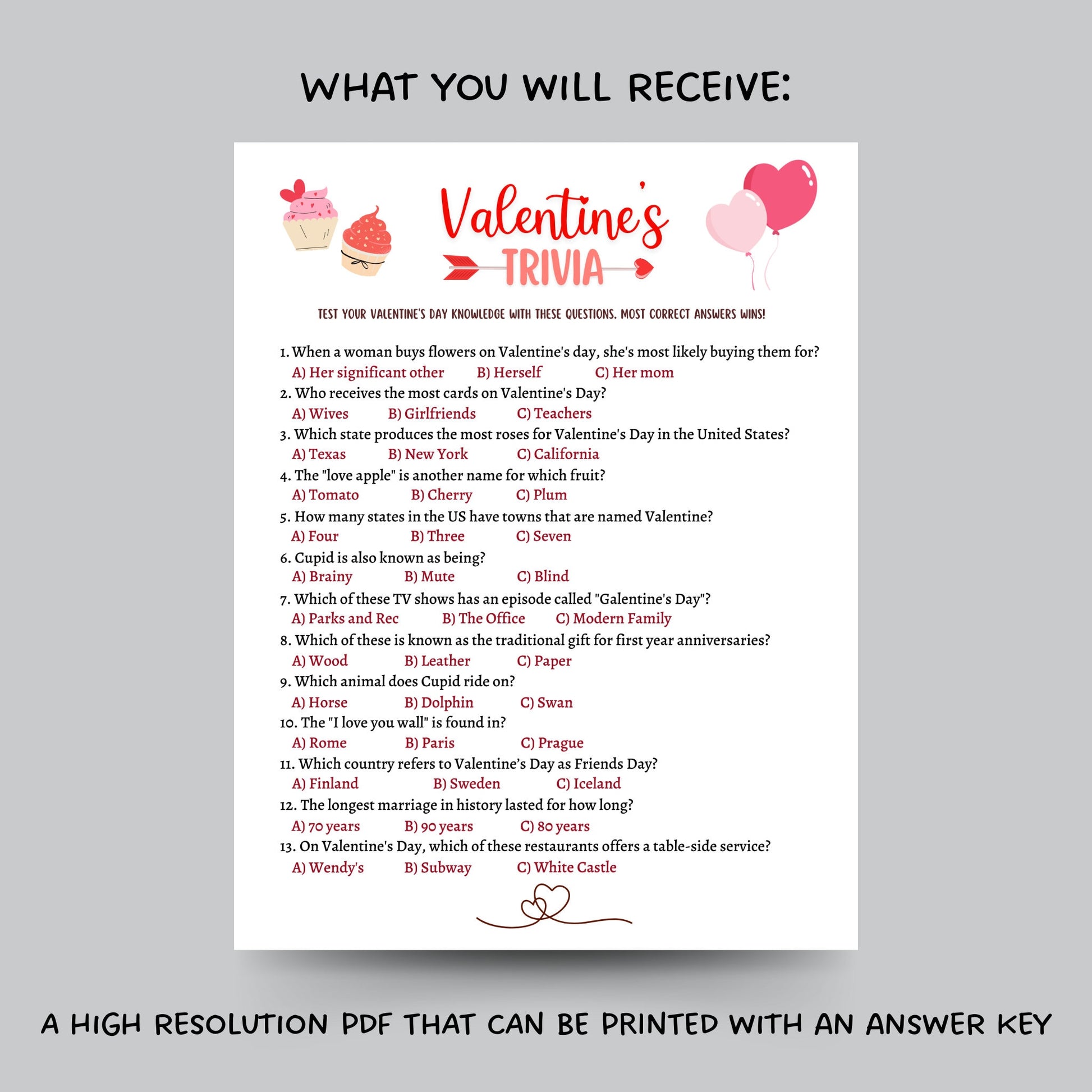 Valentine's Day Trivia Game Printable, Galentines Day Party Game, Valentines Day Activity, Fun Game for Adults, Valentine Trivia Family Game