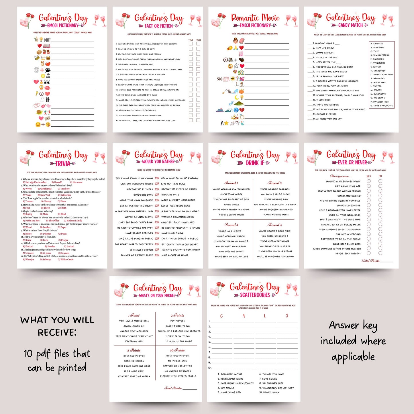 Galentines Day Games Printable, Adult Party Games, Ladies Night Game Ideas, Adults Galentines Day Activity, Valentines Day Girls Night Game