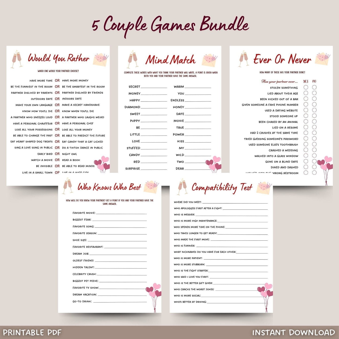 Couple Games Printable, Date Night Games, Marriage Anniversary Games, Fun Party Games for Couples, Valentines Day Games, Couples Night Games