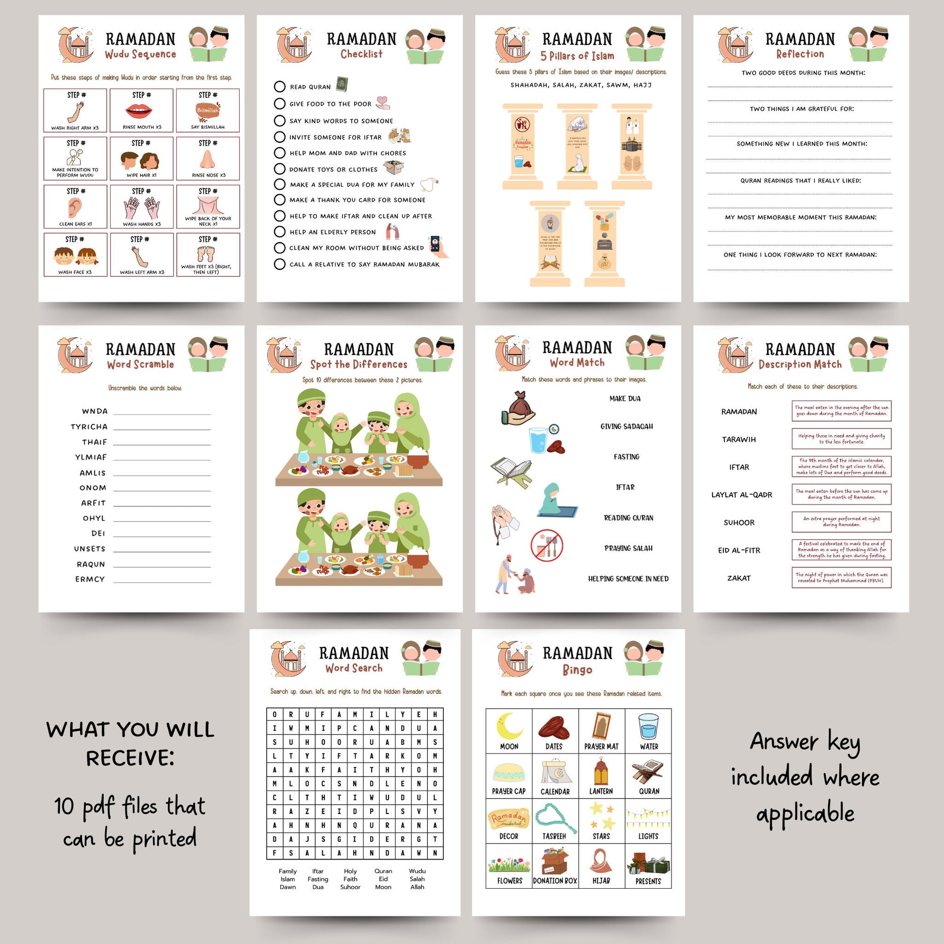 Ramadan Activity for Kids Printable, Eid Activities, Kids Ramadan Printables, 10 Pack Bundle, Muslim Islamic Printable Activity for Children