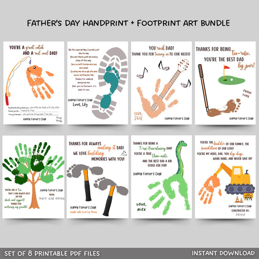 This pack of 8 handprint and footprint art and craft printable keepsakes bundle makes a unique, sentimental gift for Dad for Fathers Day, Birthdays or just because! Just download, print, apply non-toxic washable paint to the child & create memories!