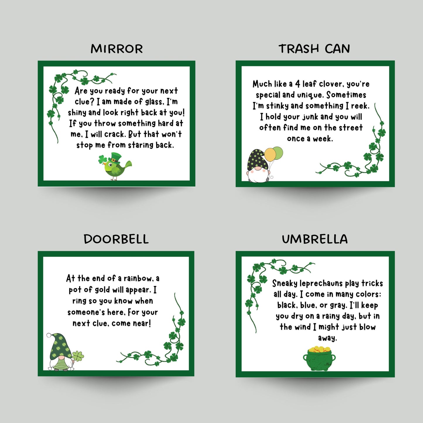 St Patricks Day Scavenger Hunt Printable, St. Patrick's Day Treasure Hunt Clues, Leprechaun Hunt, Party Game, Indoor Activity for Kids