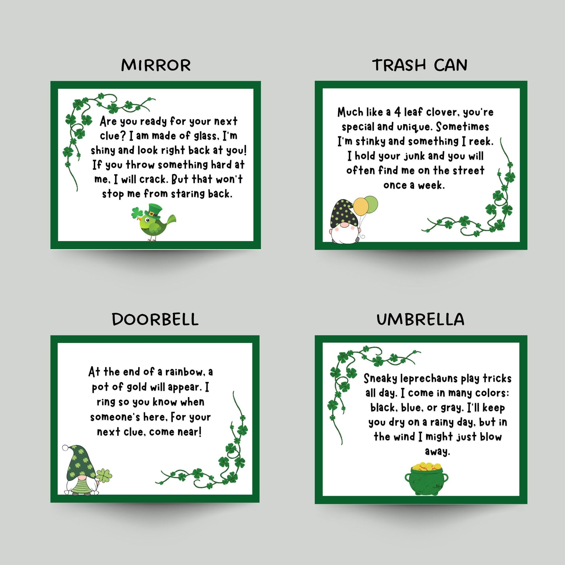 St Patricks Day Scavenger Hunt Printable, St. Patrick's Day Treasure Hunt Clues, Leprechaun Hunt, Party Game, Indoor Activity for Kids
