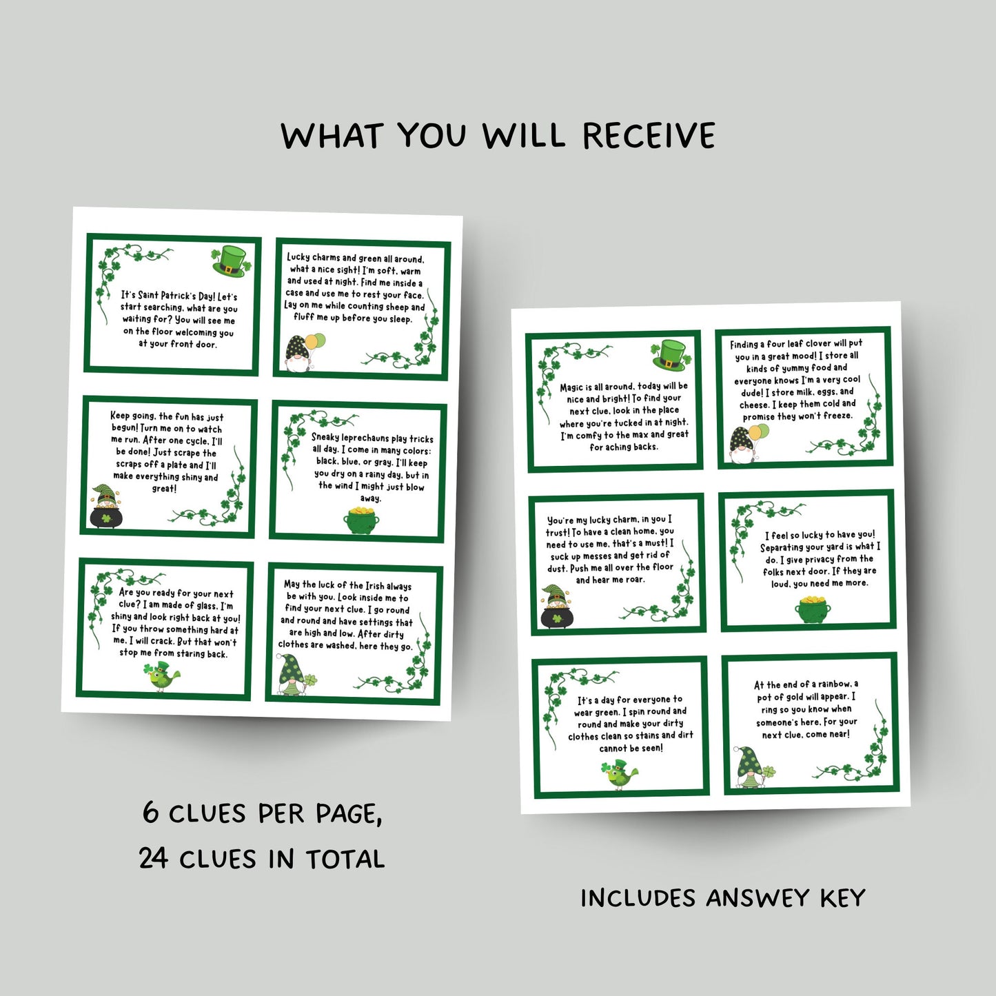 St Patricks Day Scavenger Hunt Printable, St. Patrick's Day Treasure Hunt Clues, Leprechaun Hunt, Party Game, Indoor Activity for Kids