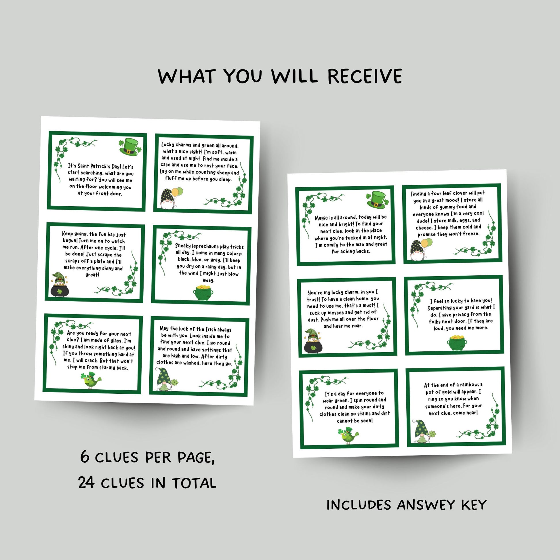 St Patricks Day Scavenger Hunt Printable, St. Patrick's Day Treasure Hunt Clues, Leprechaun Hunt, Party Game, Indoor Activity for Kids