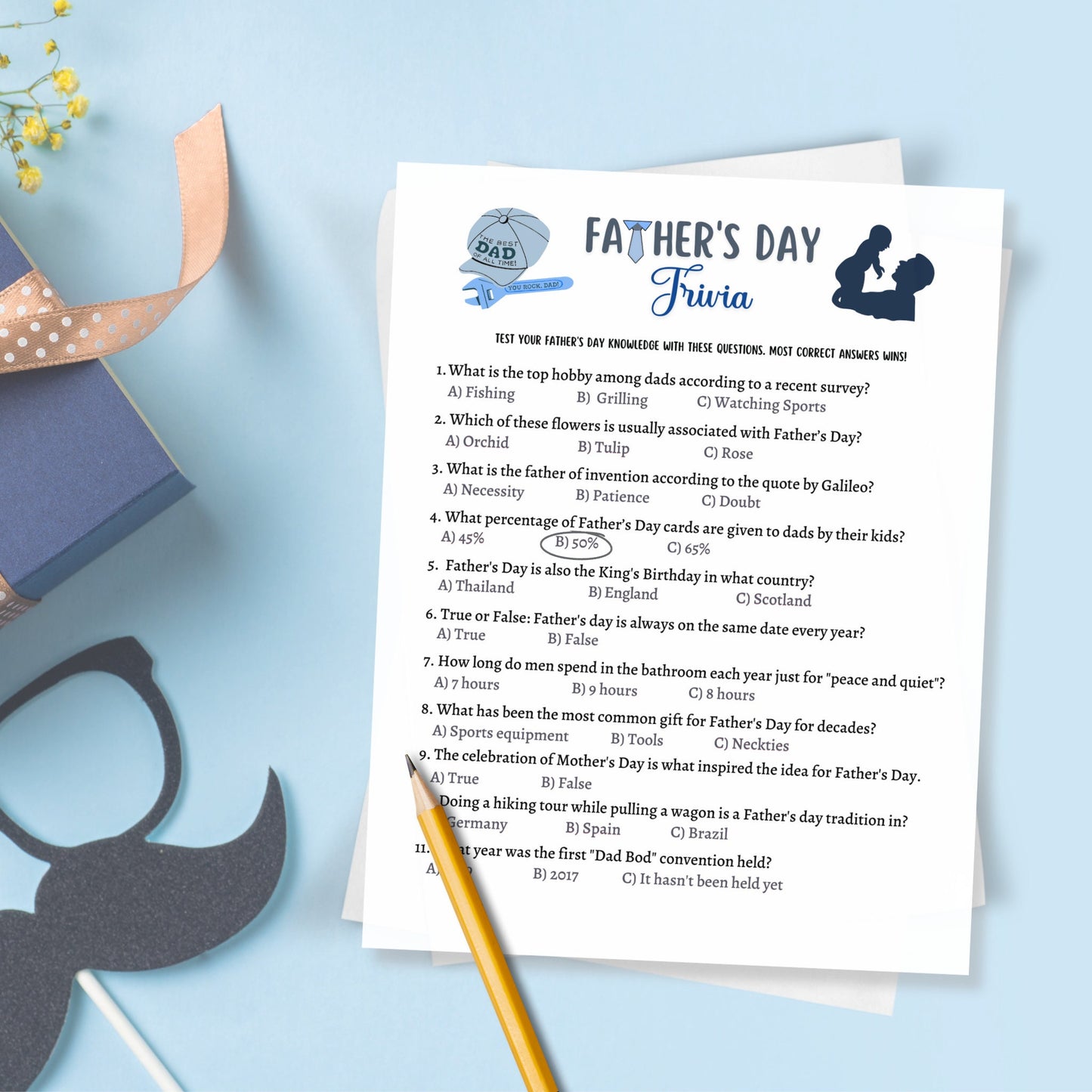 Father's Day Trivia Game Printable, Fathers Day Ideas, Fun Party Games, Activity For Kids & Adults, Family Group Game, Classroom Game