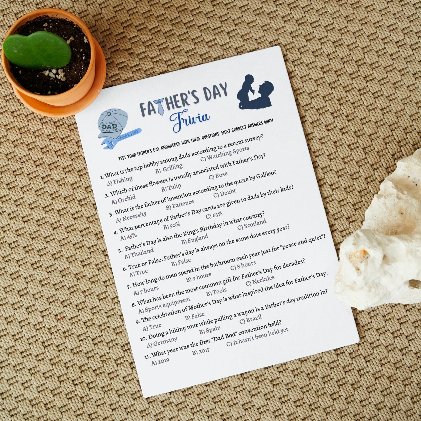 Father's Day Trivia Game Printable, Fathers Day Ideas, Fun Party Games, Activity For Kids & Adults, Family Group Game, Classroom Game
