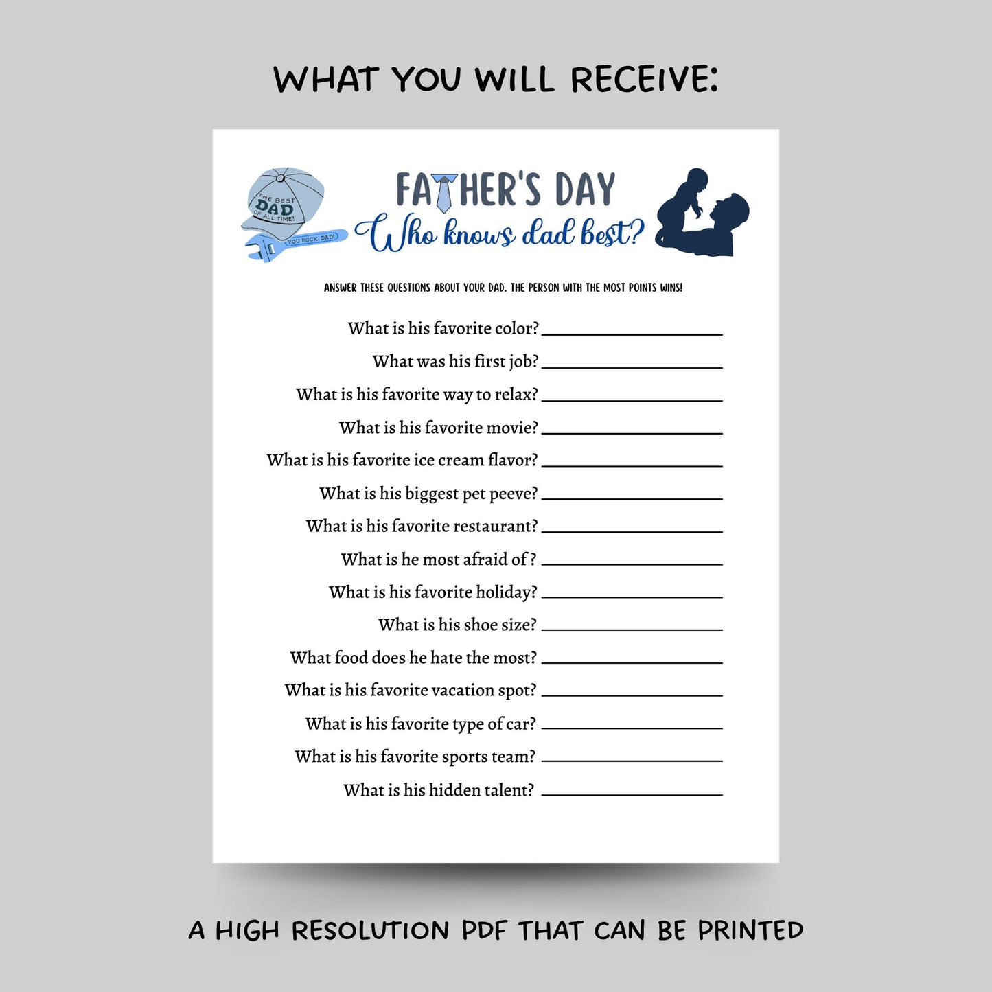 Father's Day Who Knows Dad Best Game Printable, Fathers Day Ideas, Fun Party Game, Activity Kids & Adults, Family Group Game, Classroom Game