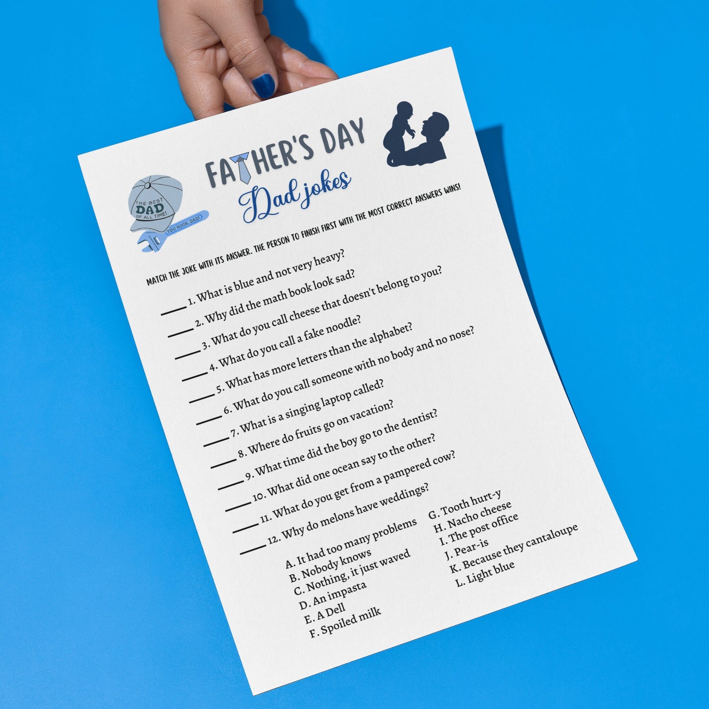 Father's Day Games Printable, Dad Jokes, Fathers Day Ideas, Fun Party Games, Activity For Kids & Adults, Family Group Game, Classroom Game