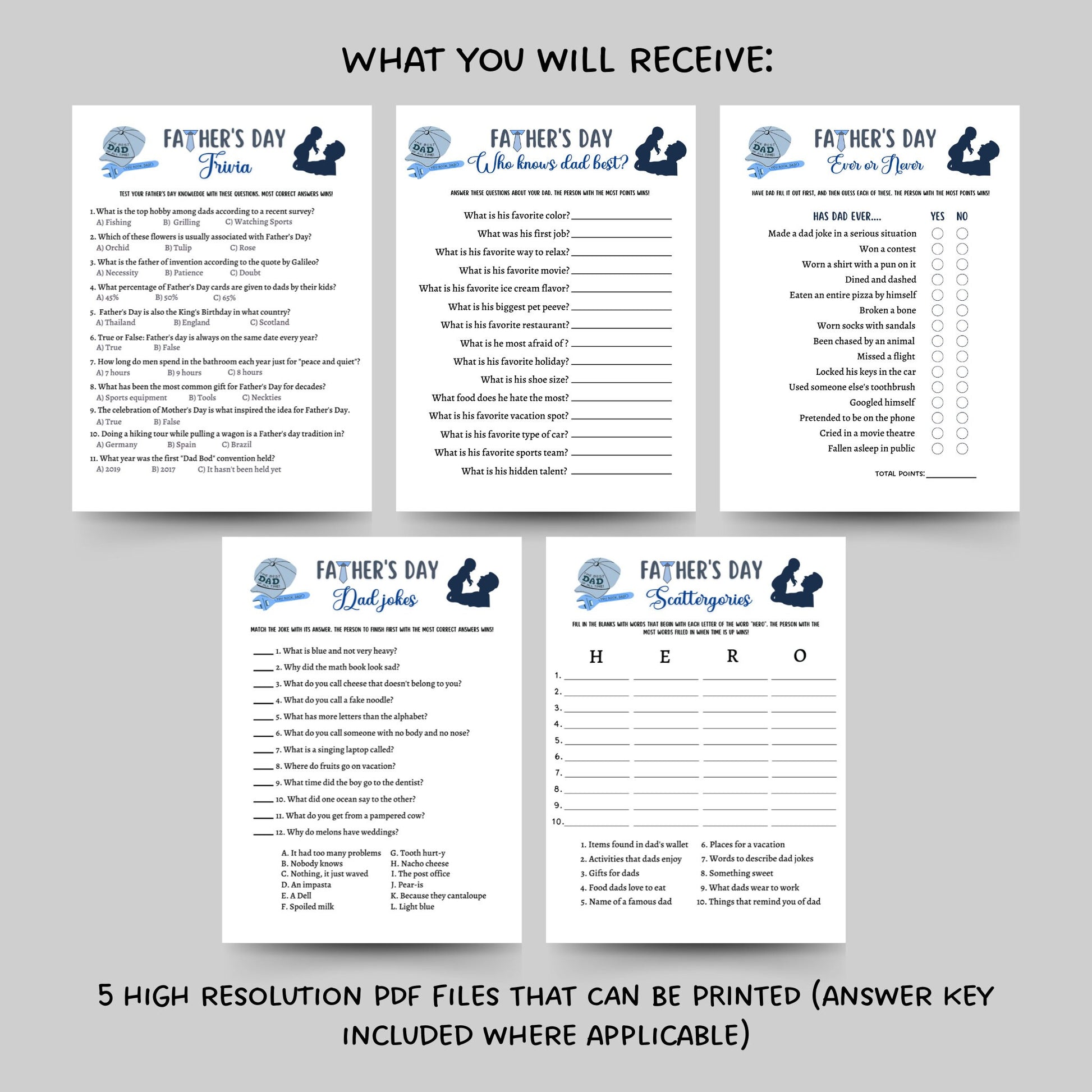 Father's Day Game Bundle Printable, Fathers Day Ideas, Fun Party Game, Activity Kids & Adults, Family Game, Classroom Game, Dad Jokes Trivia
