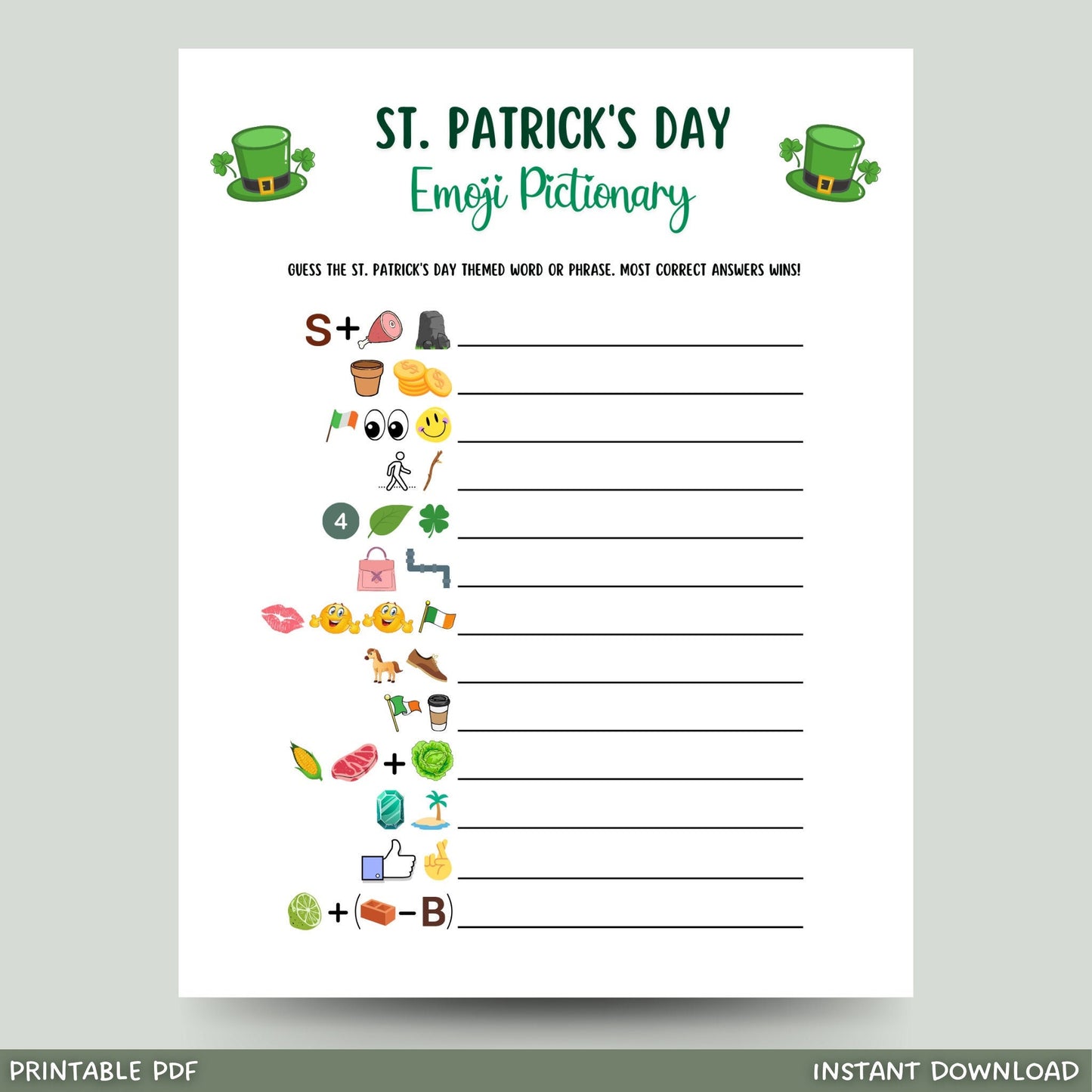St Patricks Day Emoji Pictionary Game Printable, St Patricks Day Party Game, St. Patty's Activity Adults And Kids, Fun St. Paddy's Day Game
