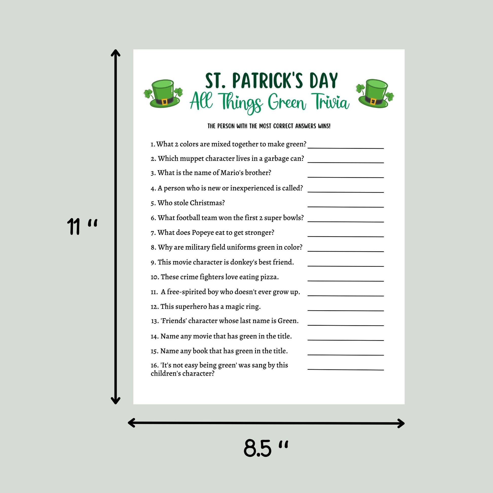 St. Patrick's Day Green Trivia Game Printable, All Things Green Activity Game, St Patricks Games for Kids, St Patty's Day Party Games Adults
