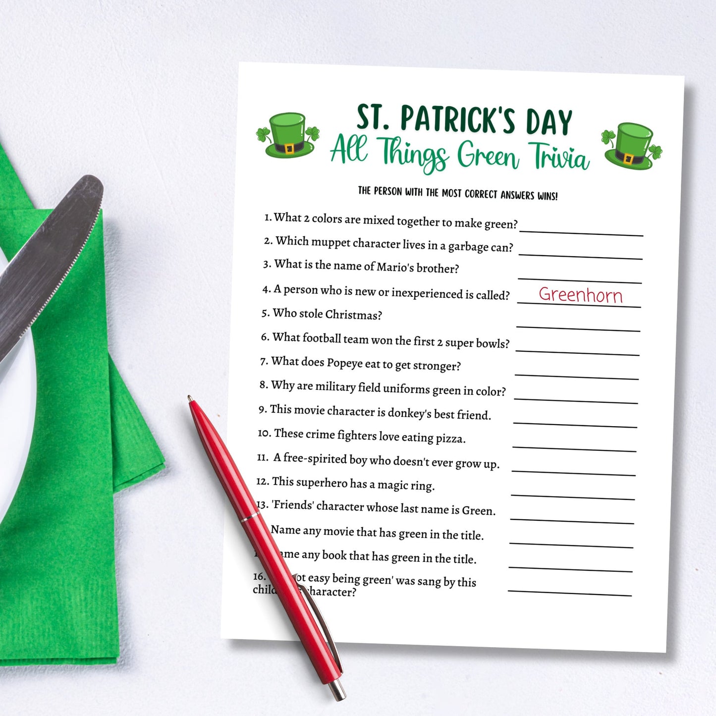 St. Patrick's Day Green Trivia Game Printable, All Things Green Activity Game, St Patricks Games for Kids, St Patty's Day Party Games Adults