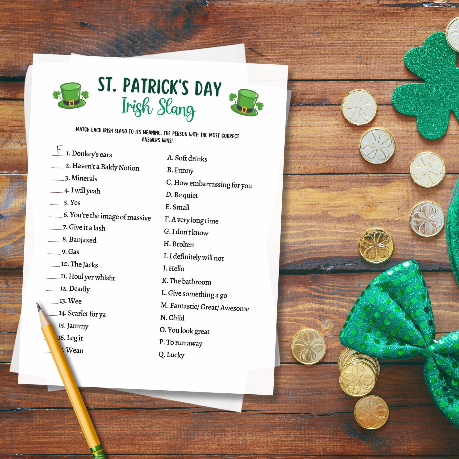 St Patrick's Day Irish Slang Game Printable, St Paddy's Party Games, St. Pattys Activity For Kids and Adults, Fun St Pats Day Classroom Game
