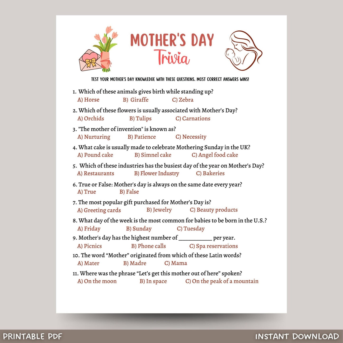 Mother's Day Trivia Game Printable, Mothers Day Party Game, True or False Quiz, Mother's Day Activity Kids And Adults, Family Group Game