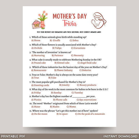 Mother's Day Trivia Game Printable, Mothers Day Party Game, True or False Quiz, Mother's Day Activity Kids And Adults, Family Group Game