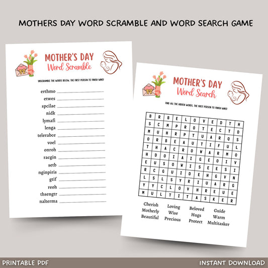 This 2 Pack of Mothers Day Word Search and Word Scramble games bundle is a printable PDF and instant download! It is great to play with your friends and family! It is sure to impress your guests and works great for adults and kids!