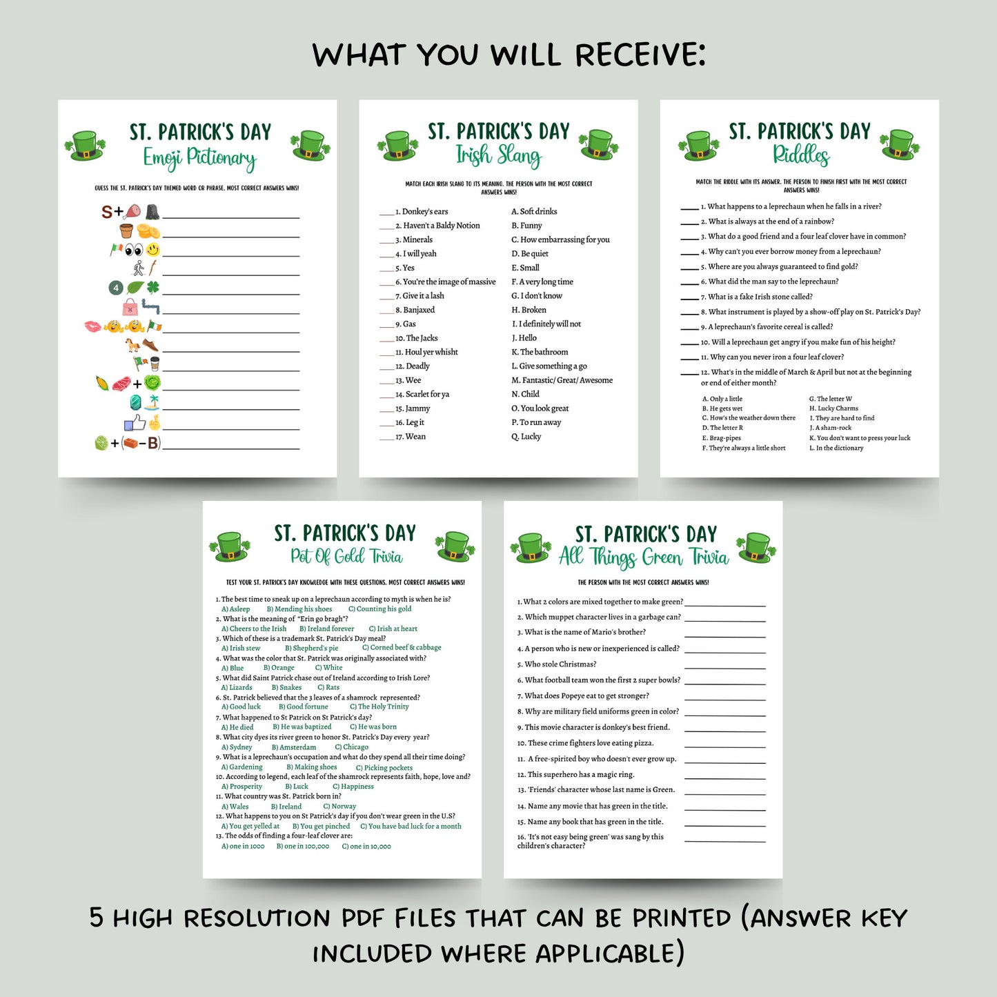 St Patrick's Day Game Bundle Printable, Fun Irish Games, St. Paddys Party Game, St. Pattys Games Kids & Adults, Classroom Games, Family Game