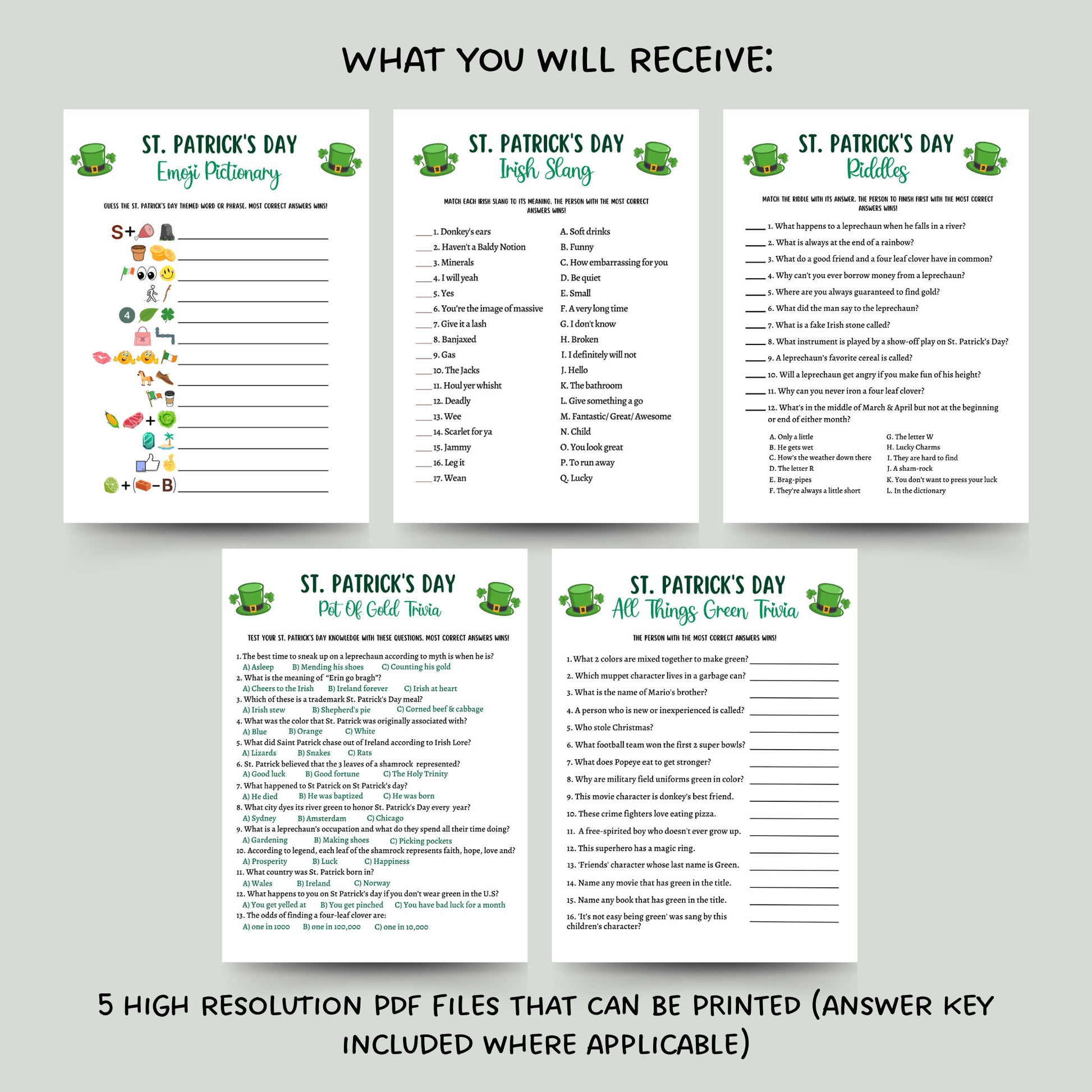 St Patrick's Day Game Bundle Printable, Fun Irish Games, St. Paddys Party Game, St. Pattys Games Kids & Adults, Classroom Games, Family Game