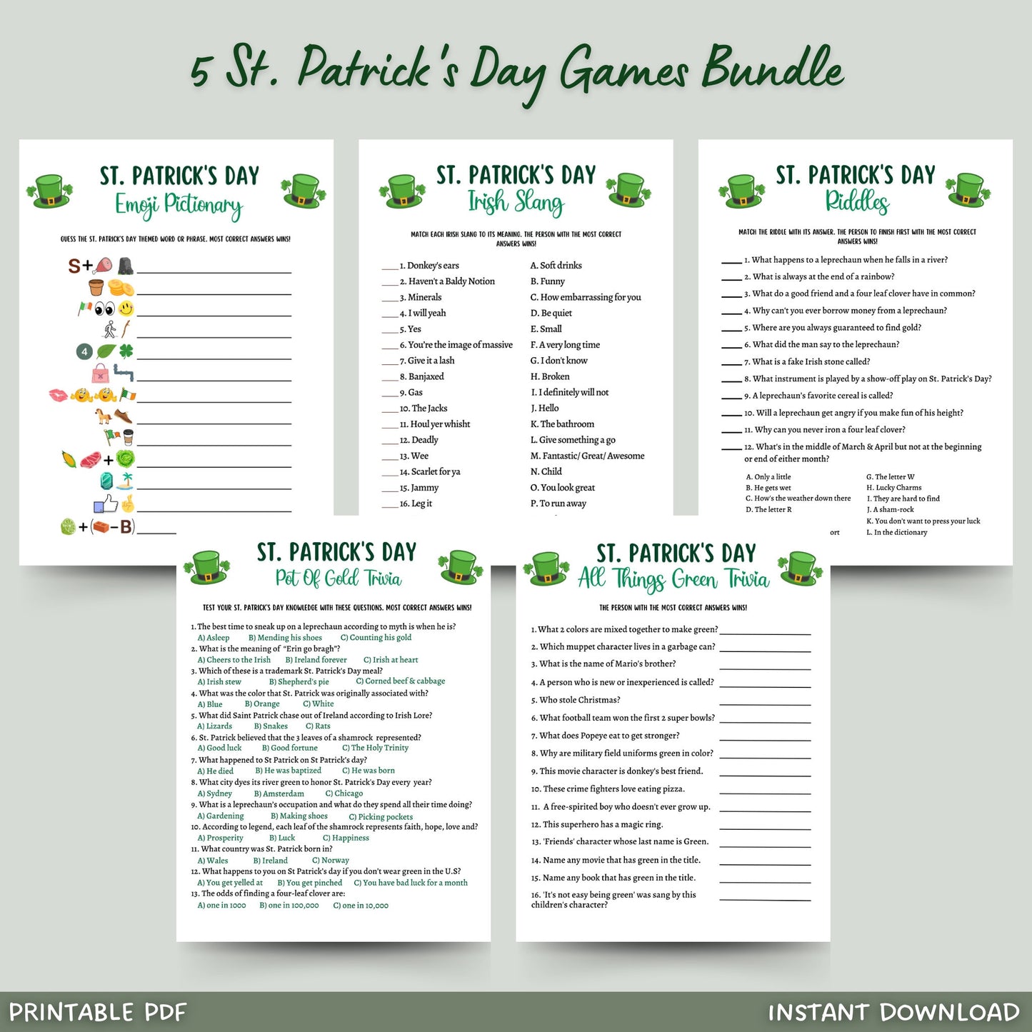 This Saint Patricks Day pack of 5 games bundle is printable and an instant digital download! It is perfect for your party or event and great to play with your friends and family! It is sure to impress everyone and works great for adults and kids!