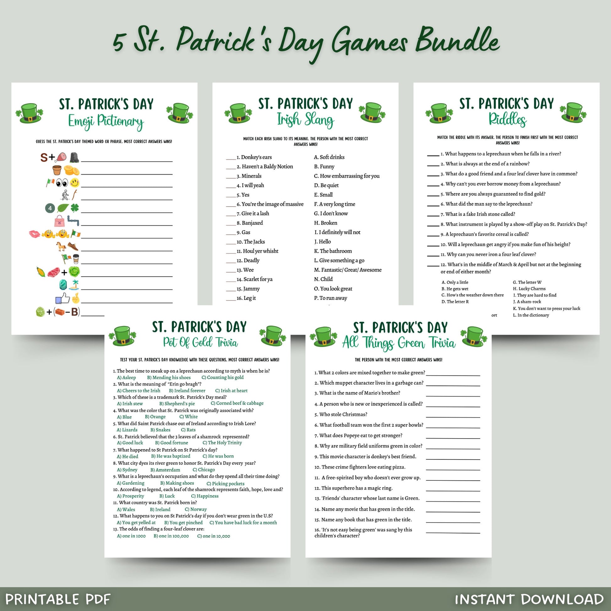 This Saint Patricks Day pack of 5 games bundle is printable and an instant digital download! It is perfect for your party or event and great to play with your friends and family! It is sure to impress everyone and works great for adults and kids!