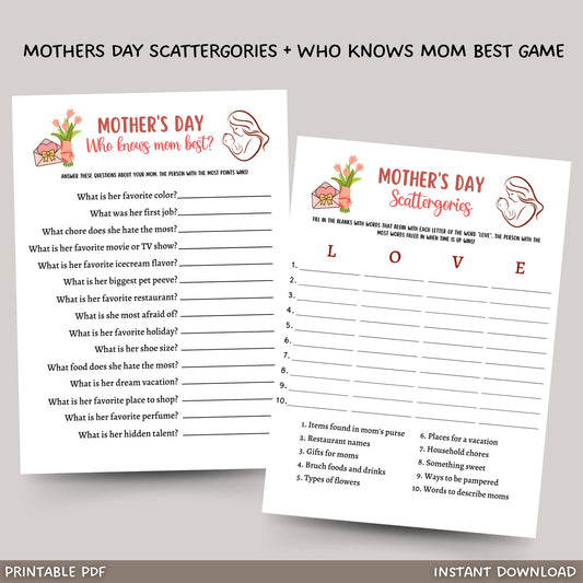 This 2 Pack of Mothers Day Scattergories and Who knows Mom best games bundle is a printable PDF and instant download! It is great to play with your friends and family! It is sure to impress your guests and works great for adults and kids!