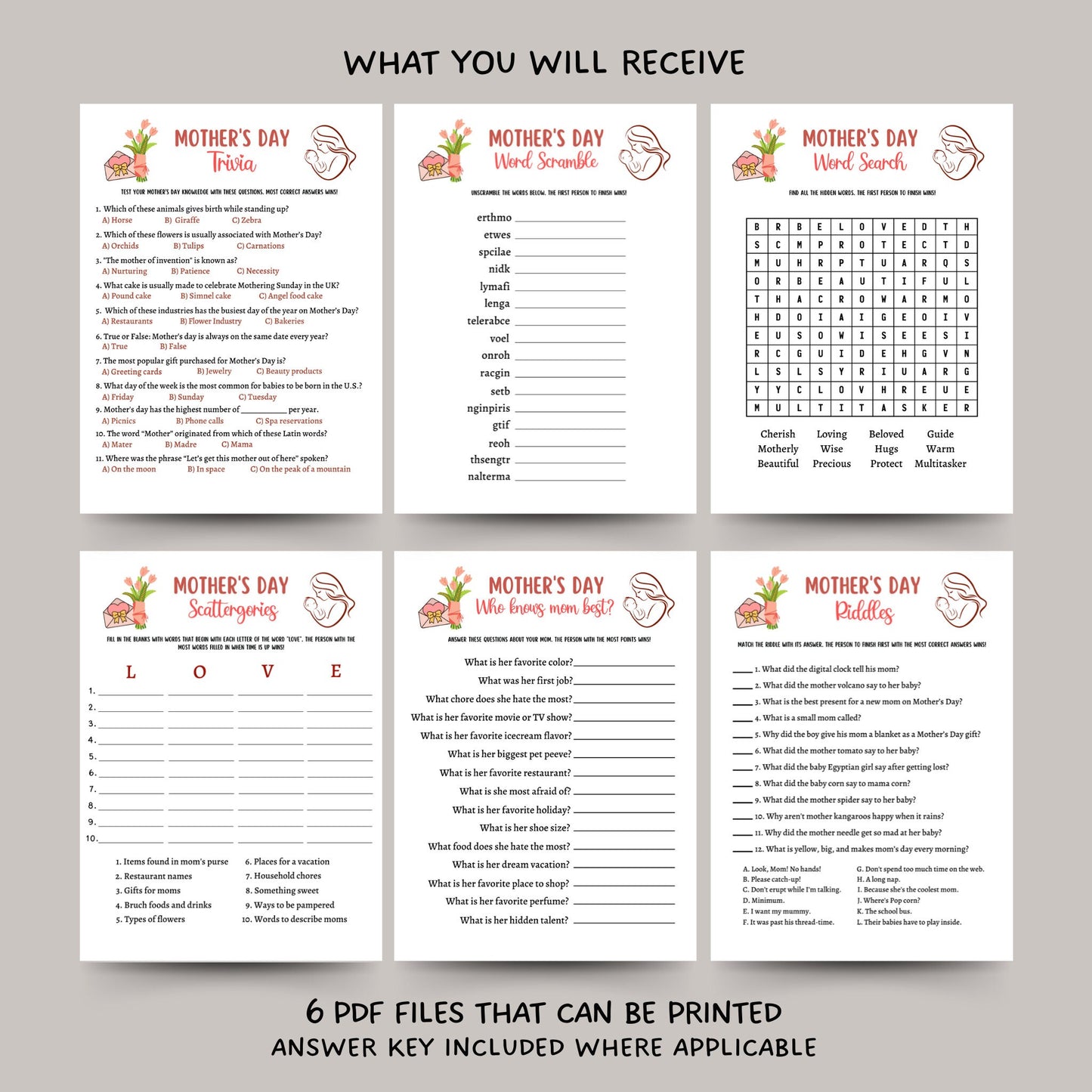 Mother's Day Games Bundle Printable, Mothers Day Game for Kids and Adults, Party Games, Family Games Night, Classroom Games, Mom Mama Trivia