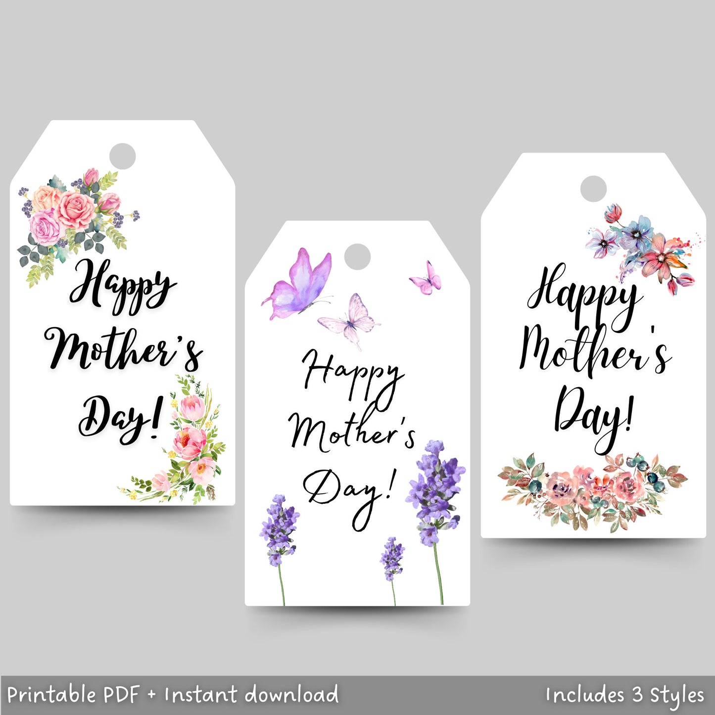 These Happy Mothers Day Gift Tags are an instant download! There are 3 different floral designs which add a perfect finishing touch to your special and thoughtful gift for mom! Just download, print, use a hole punch to put a ribbon in and gift away!